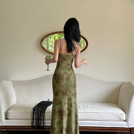 New Chinese Style Green Mesh Floral Suspender Dress Women's Summer Design High-End Elegant Waist-Covering Hip Fishtail Long Skirt