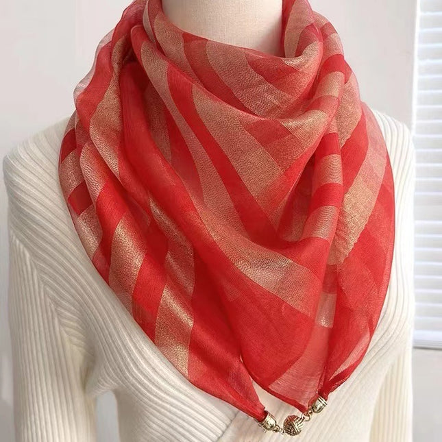 Trendy Versatile Decorative Magnetic Buckle Square Scarf for Women, Silk Organza Scarf, Vintage Striped Wholesale Triangle Scarf