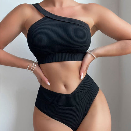 2025 New Bikini Cross-Border European and American Foreign Trade Solid Color Ribbed One-Shoulder High-Waisted Sexy Bikini Swimsuit Swimwear