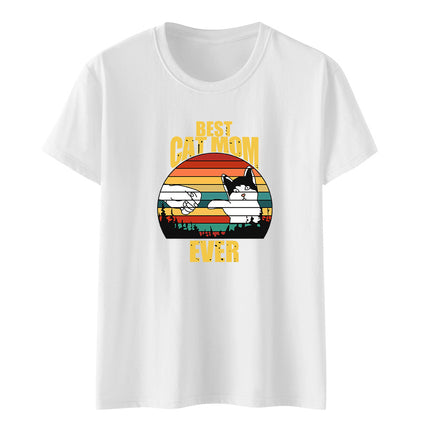 Amazon Summer Best Cat Mom even Mother's Day Fist Cat Letter Printed Casual Short-sleeved T-shirt Women