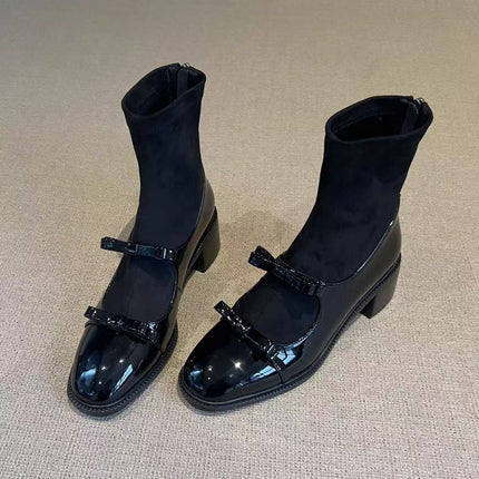Chengdu Style ~ Small Fragrant Bow Thick Heel Short Boots for Women 2025 New High Heel Slim Boots Elastic High Boots