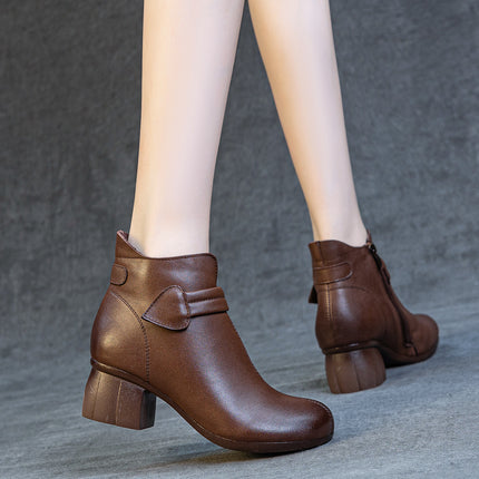Women's Boots 2025 Autumn and Winter New Style Thick Medium Heel Soft Sole First Layer Cowhide Fleece-Lined and Cotton Short Boots for Middle-Aged and Elderly Women