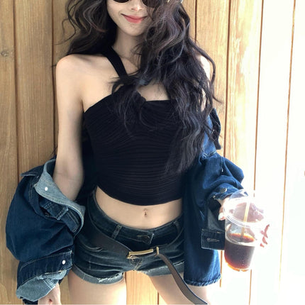 2025 New Summer Style Twist Design Sexy Hottie Style Vest Women's Off-Shoulder Slim Short Knitted Sleeveless Top