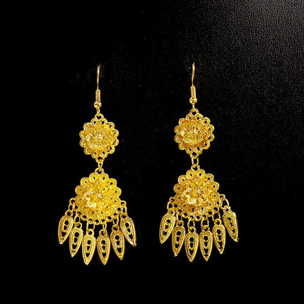 Ethnic Style Peacock Earrings for Women Gold Bell Tassel Earrings Bohemian Leaf Pendant Scenic Spot Earrings Wholesale