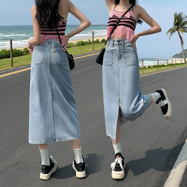 2024 New High-end Denim Skirt Slimming All-match Summer Thin Light Color Soft Denim Front Split Design Skirt