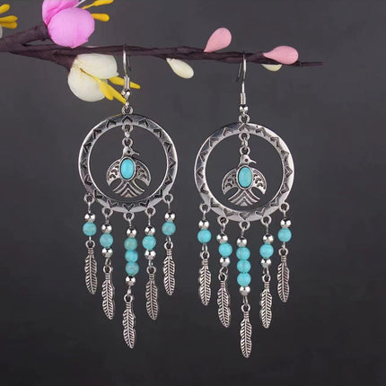 Bohemian Turquoise Earrings European and American Retro Owl Geometric Dreamcatcher Feather Tassel Earrings Women