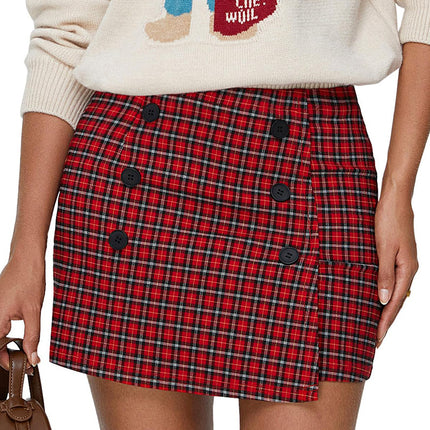Amazon Cross-Border Autum Plaid Tight Mini Hip-Hugging Skirt 2025 Fashion Button Autum and Winter Skirt