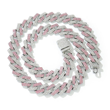 European and American hip-hop pink white diamond diamond flip buckle chain Cuban chain necklace hipster exaggerated flashy sweater clavicle chain