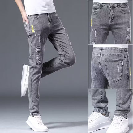Men's Trendy Summer Thin Light-Colored Slim Fit Skinny Stretch Casual Straight Versatile Washed Jeans