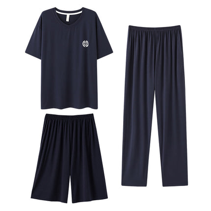 Summer Men's Pajamas Three-Piece Set Short-Sleeved Trousers Home Clothes Modal Shorts Casual Loose Plus Size Set