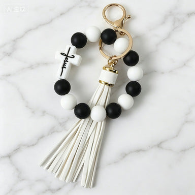 Cross-Border New Cross Silicone Bead Wrist Bracelet Keychain Handbag Leather Tassel Anti-Loss Pendant