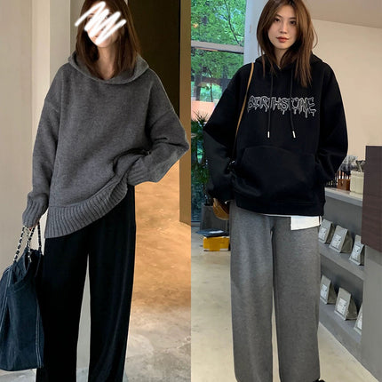 2025 New Korean Style Fine Ribbed Drape Straight-Leg Wide-Leg Pants for Women, Autumn and Winter Casual White Fleece-Lined Knit Pants