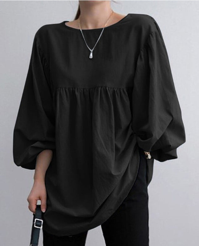 Autumn 2022 New Large Size Women's Cotton and Linen Round Neck Long Sleeve Top Fashion Casual Solid Color Cotton and Linen Shirt for Women