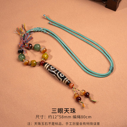 Natural Yellow Nine-Eyed Dzi Bead Necklace, Taiwanese Agate Pendant, Men's and Women's Couple's Braided Necklace, Ready for Sale