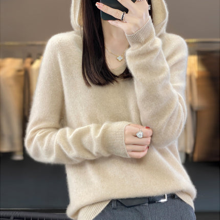 First-Line Garments 100 Pure Wool 2025 Spring New Women's V-Neck Hooded Sweater Pullover Short Needle Sweater