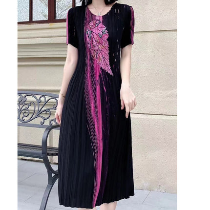 Miyake pleated 2025 summer new temperament round neck printed pleated skirt fashion waist thin magic dress