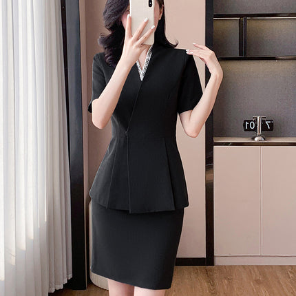 Blue Suit Jacket Women's Spring and Summer Short-sleeved Jewelry Store Front Desk Business Dress Dress Waist Tight Beauty Salon Suit suit
