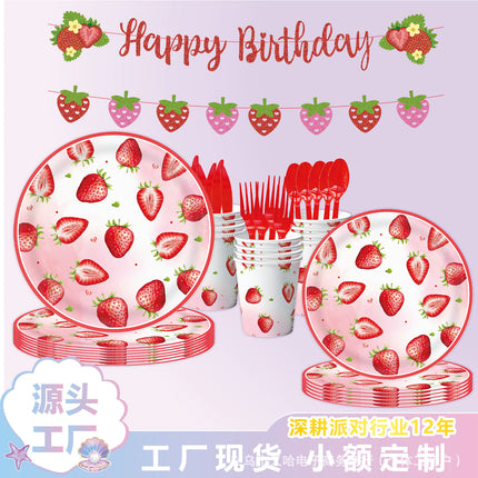 New Summer Sweet Strawberry Party Tableware Paper Plate Disposable Tissue Paper Cup Tablecloth Summer Red Fruit