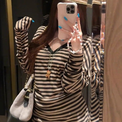 Lazy and Relaxed Stripesd Sun Protection Long-Sleeved Blouse for Women Summer Niche Design Loose Casual Versatile T-Shirt Top
