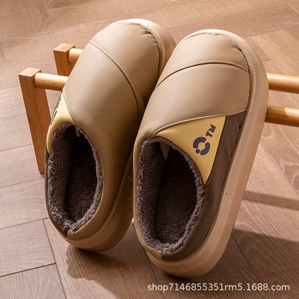 New Leather Waterproof Cotton Slippers for Women in Winter Indoor Thick-Soled Warm Home Fleece-Lined Bag and Couple Wool Slippers for Men