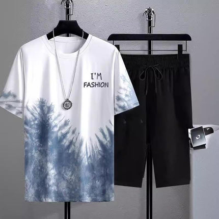 New Quick-drying Ice Silk Gradient suit Men's Short-sleeved T-shirt Summer Casual Shorts Sports Two-piece Handsome Men's Wear