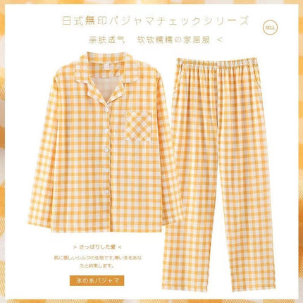 Long-Sleeved Cotton Japanese Pajamas Women's Suit Cotton Plaid Couple Long-Sleeved Home Clothes Men's Summer Thin Suit