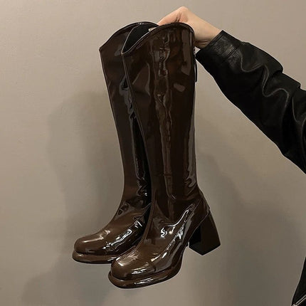 Autumn and Winter High-Heeled Boots with Square Toe Slimming Knight New Thick Heel No More Than Knee New Women's Boots