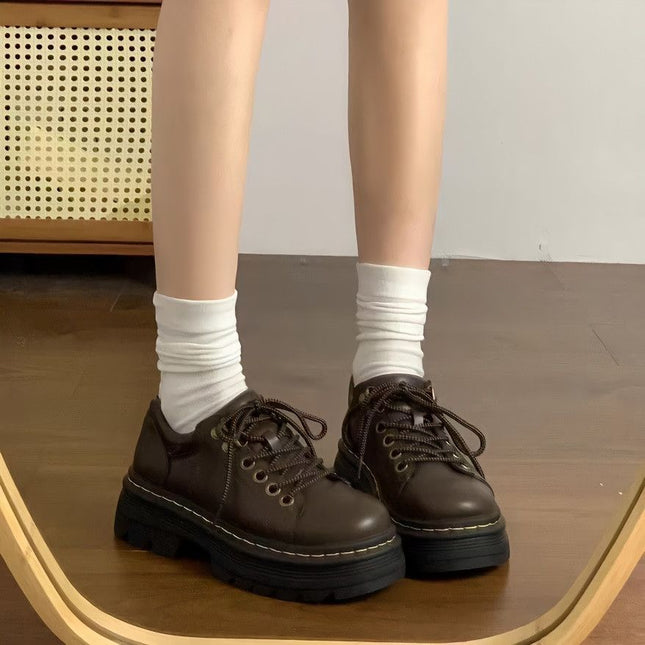 Campus Versatile British Style Small Leather Shoes for Women Spring New Heightening Thick-Soled Brown Shoes