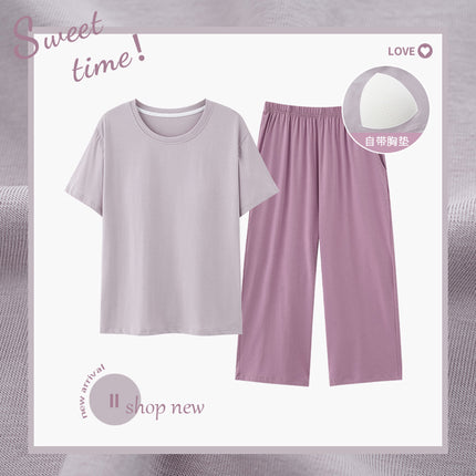 Summer Women's Pet Skin-feeling Cool Cotton Morandi Color-based Home Clothes Girl's Short-sleeved Cropped Pants Pajamas with Chest Pad