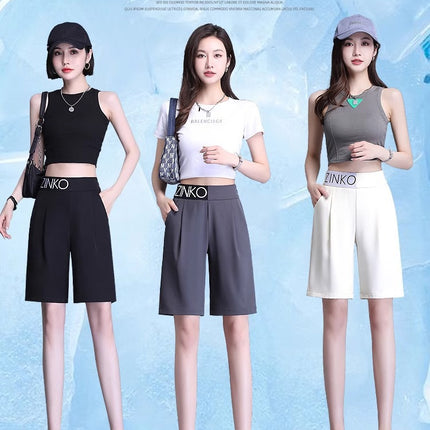 Casual Suit Shorts for Women, Autumn Thin Straight-Leg Knee-Length Shorts, 2025 New Large Size High-Waisted Wide-Leg Casual Mid-Length Shorts