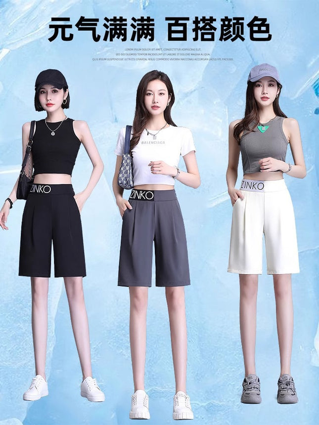 Casual Suit Shorts for Women, Autumn Thin Straight-Leg Knee-Length Shorts, 2025 New Large Size High-Waisted Wide-Leg Casual Mid-Length Shorts