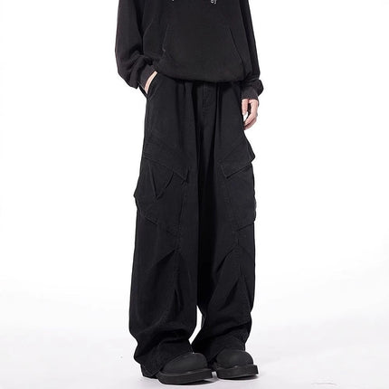 [Washed cotton button row door wrapping] American retro brown wide leg overalls design loose casual straight