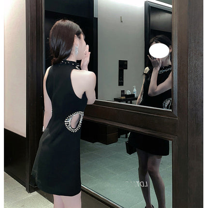 French Style Socialite Party Little Black Dress Birthday Party Waist Sparkling Diamond Engagement Dress for Women