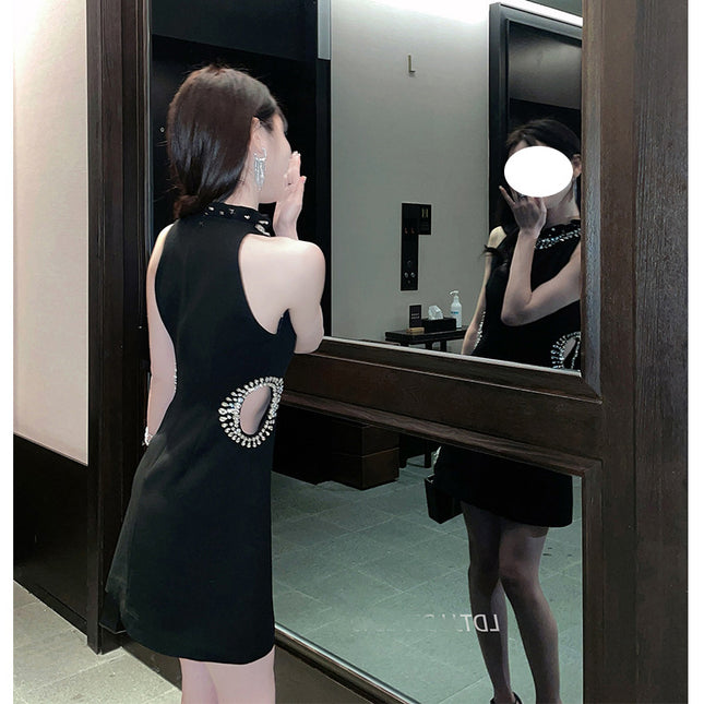 French Style Socialite Party Little Black Dress Birthday Party Waist Sparkling Diamond Engagement Dress for Women