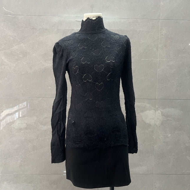 Purple Half Turtleneck Lace Bottoming Shirt for Women in Autumn and Winter New Style with Western Style Brushed Shirt High-End Long-Sleeved Top