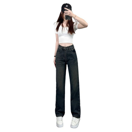 Cement Grey Wide Leg Jeans Women's Fashion All-match New High Waist Slimming Loose Casual Straight Floor Long Pants