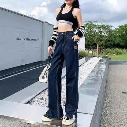 Blue Gray Split Wide Leg Jeans Women's Autumn 2024 New High Waist Design Sense Straight Loose Mop Pants