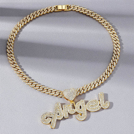 Foreign trade Europe and the United States new full diamond letters ANGEL ANGEL pendant grass font name hip-hop necklace jewelry