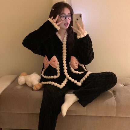 Flannel Autumn and Winter Pajamas Women's Sweet Internet Popular Ins Style Chanel Style Warm Long Sleeve Coral Fleece Home Clothes suit