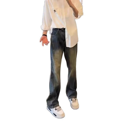 Vintage Blue Denim Jeans for Men, American Style, Stylish and High-End, Extended Length for Tall Individuals, Curved Hem, Bootcut Pants