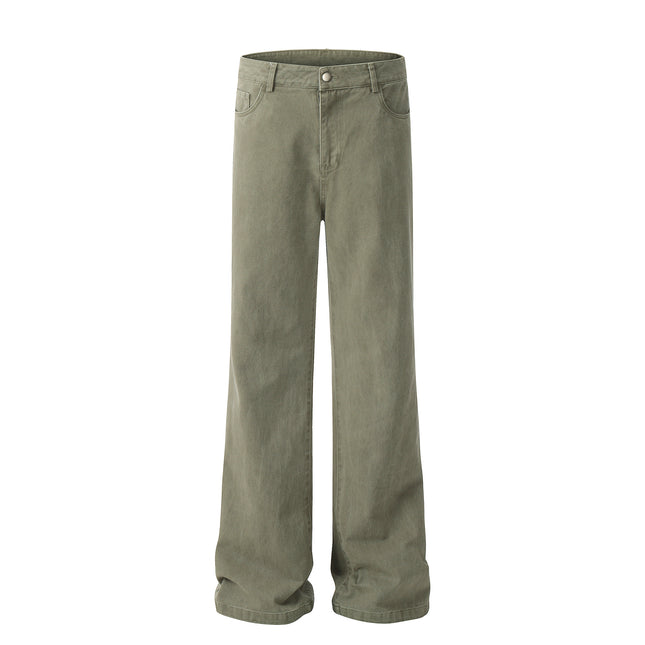 OREETA, Niche Washed Green All-match Crowd Pants 2024 Trendy Brand Pure Cotton American Slim Micro-fit Crowd Pants
