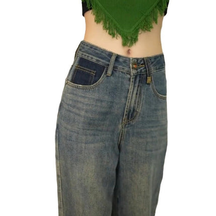 Vintage Blue Wide Leg Jeans Women's Autumn Trendy All-match New Loose High Waist Straight Slimming Casual Long Pants