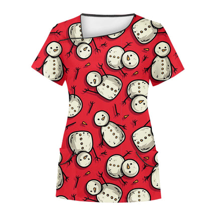 Cross-Border Aliexpress Amazon Women's Short-Sleeved Christmas Positioning Printed Flap Pocket Pants Top Scrub Clothes T-Shirt