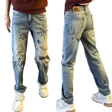 Men's Jeans Hand-Painted Spray High-End Trendy Brand 2025 Handsome Straight Light Blue Trendy Men's Casual Pants