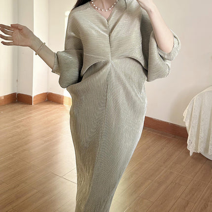 Long Skirt Summer Women's Clothing Export New Shenzhen Nanyou Classy Pleated Dress Classy Metallic Gloss