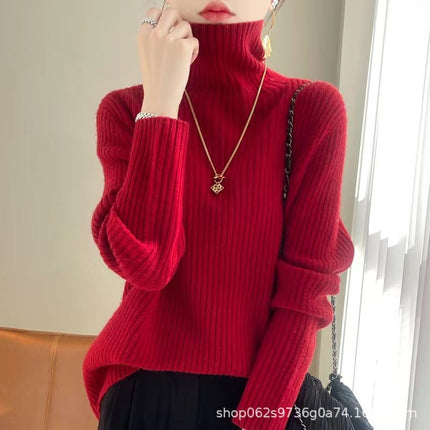 Autumn and Winter New High Collar 100 Pure Wool Sweater Women's Knitted Sweater Loose Pile Collar Warm Top Slim Base Shirt