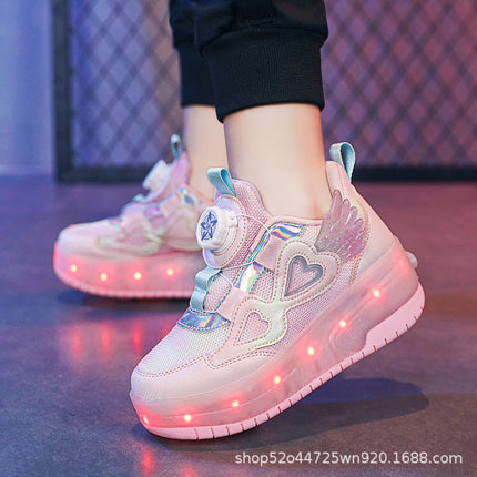 Autumn New Girls' Sports Shoes, Roller Shoes, Double-Wheel Roller Shoes, Rotating Buckle Children's Flashing Light Roller Skates, Girls' Shoes