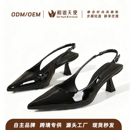 Spring New Style Simple Fashion Casual Shallow Pointed Toe Sandals for Women Black Stiletto Heels Toe-Back Hollow Sandals