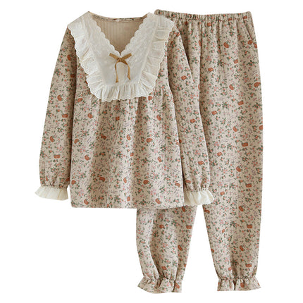 Women's autumn and winter air cotton Quilted round neck vintage floral sweet long sleeve trousers suit