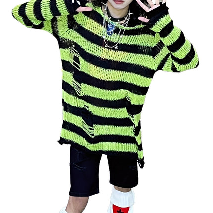 Niche dark classic mohair new thin striped ripped loose long European and American Foreign trade sweater